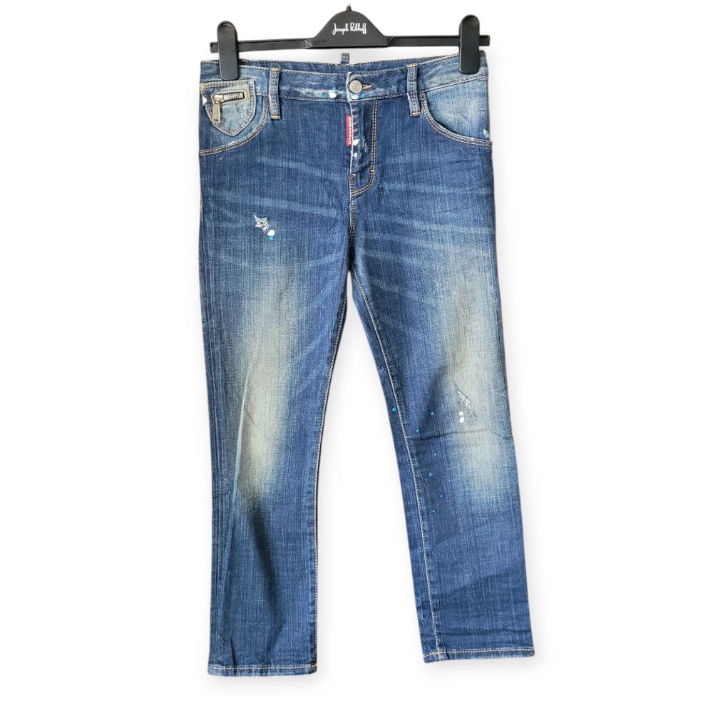 DSquared2 Italy Paint Splatter Distressed Crop Skinny Jeans blue size 24/25